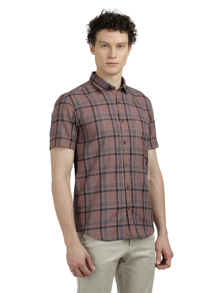 Model wearing Clarke Gable's Light Brown Checked Semi Casual Shirt in a casual setting