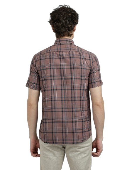 Model wearing Clarke Gable's Light Brown Checked Semi Casual Shirt in a casual setting