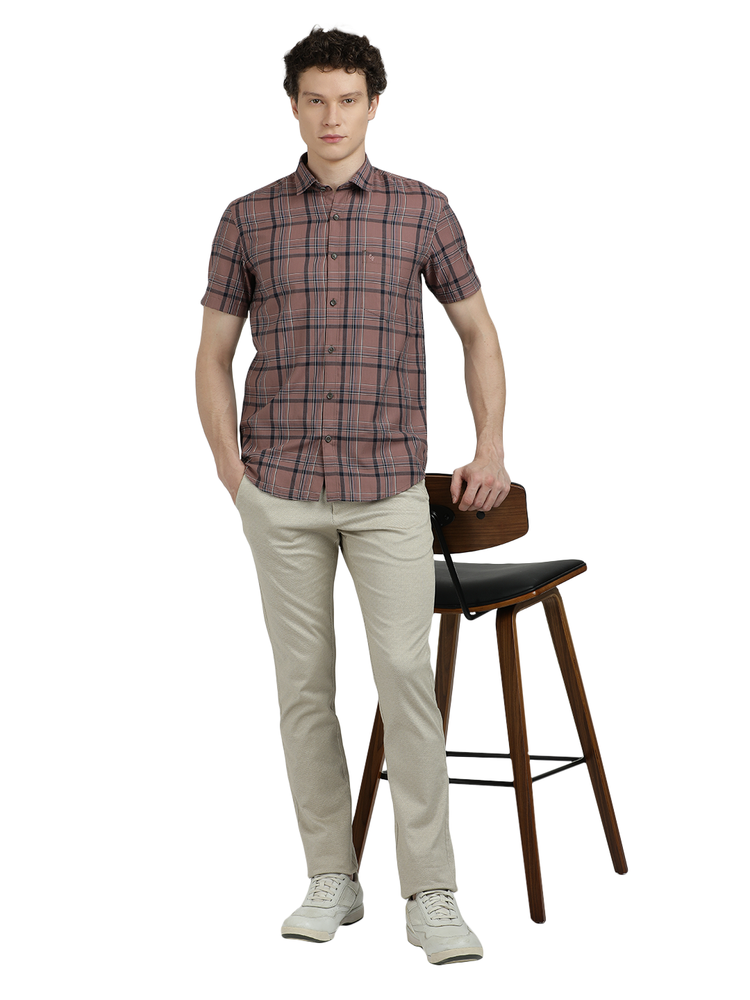 Model wearing Clarke Gable's Light Brown Checked Semi Casual Shirt in a casual setting
