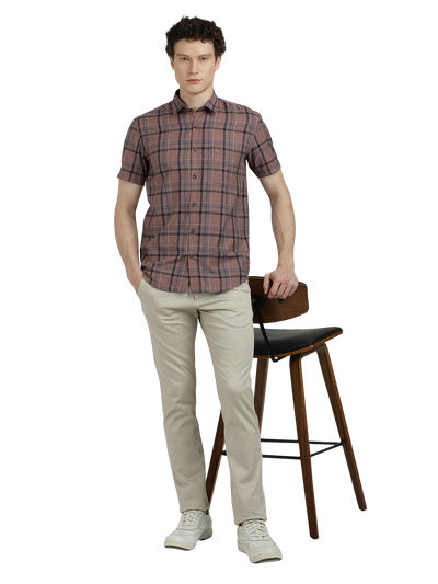 Model wearing Clarke Gable's Light Brown Checked Semi Casual Shirt in a casual setting