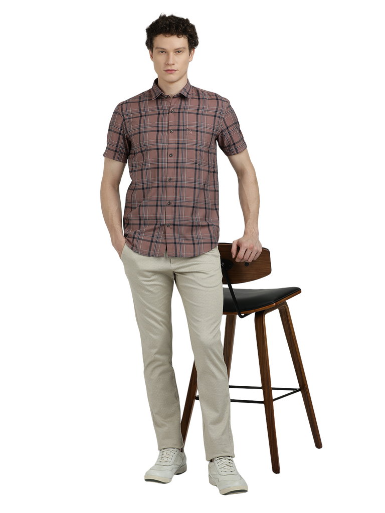 Model wearing Clarke Gable's Light Brown Checked Semi Casual Shirt in a casual setting