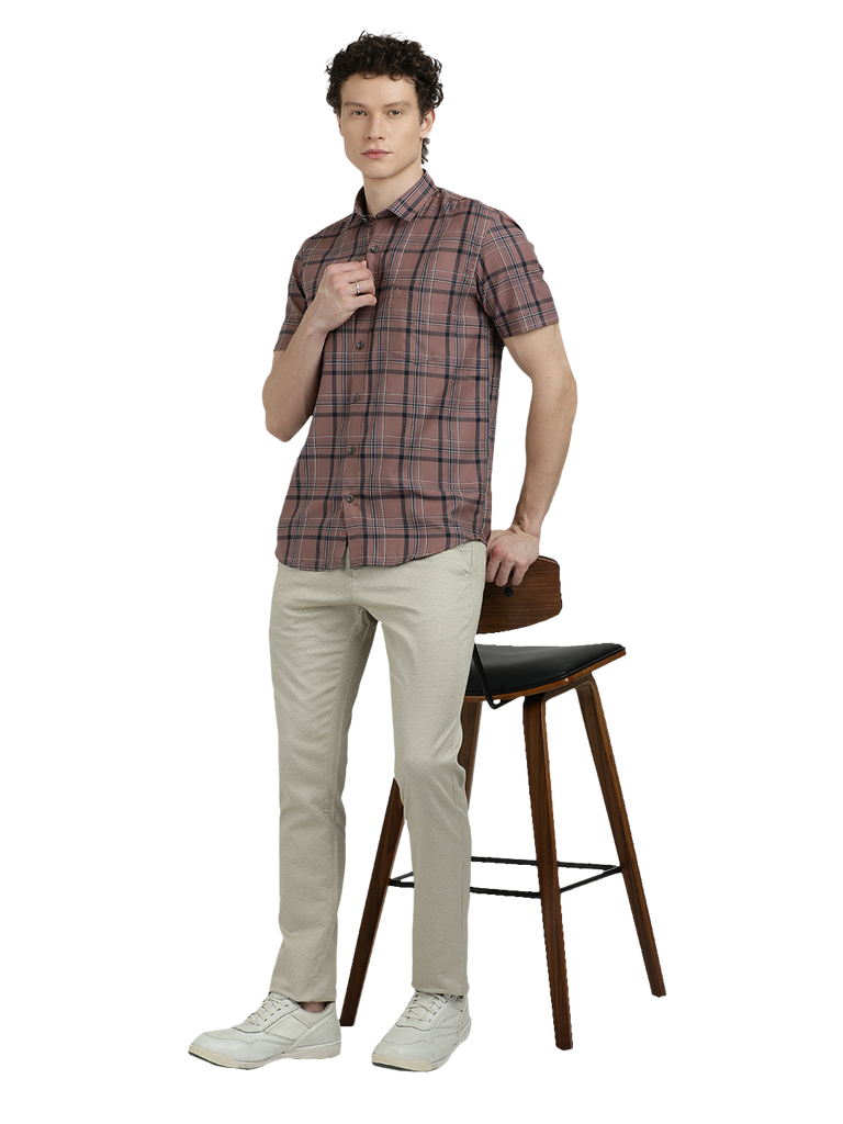 Model wearing Clarke Gable's Light Brown Checked Semi Casual Shirt in a casual setting