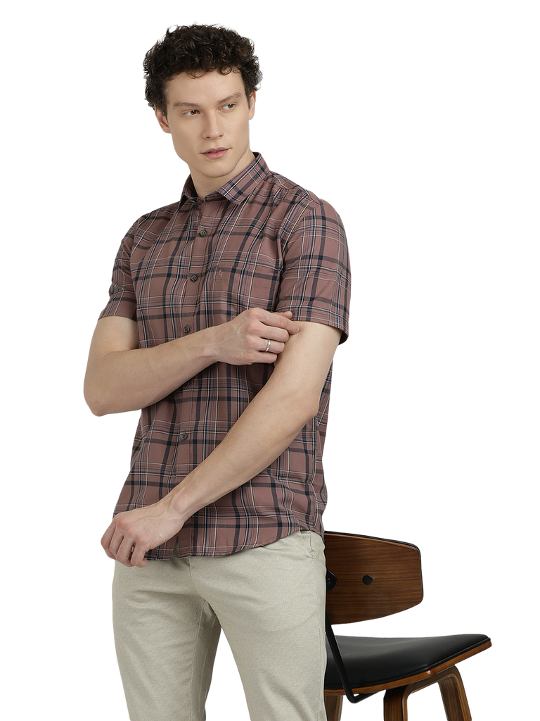 Model wearing Clarke Gable's Light Brown Checked Semi Casual Shirt in a casual setting