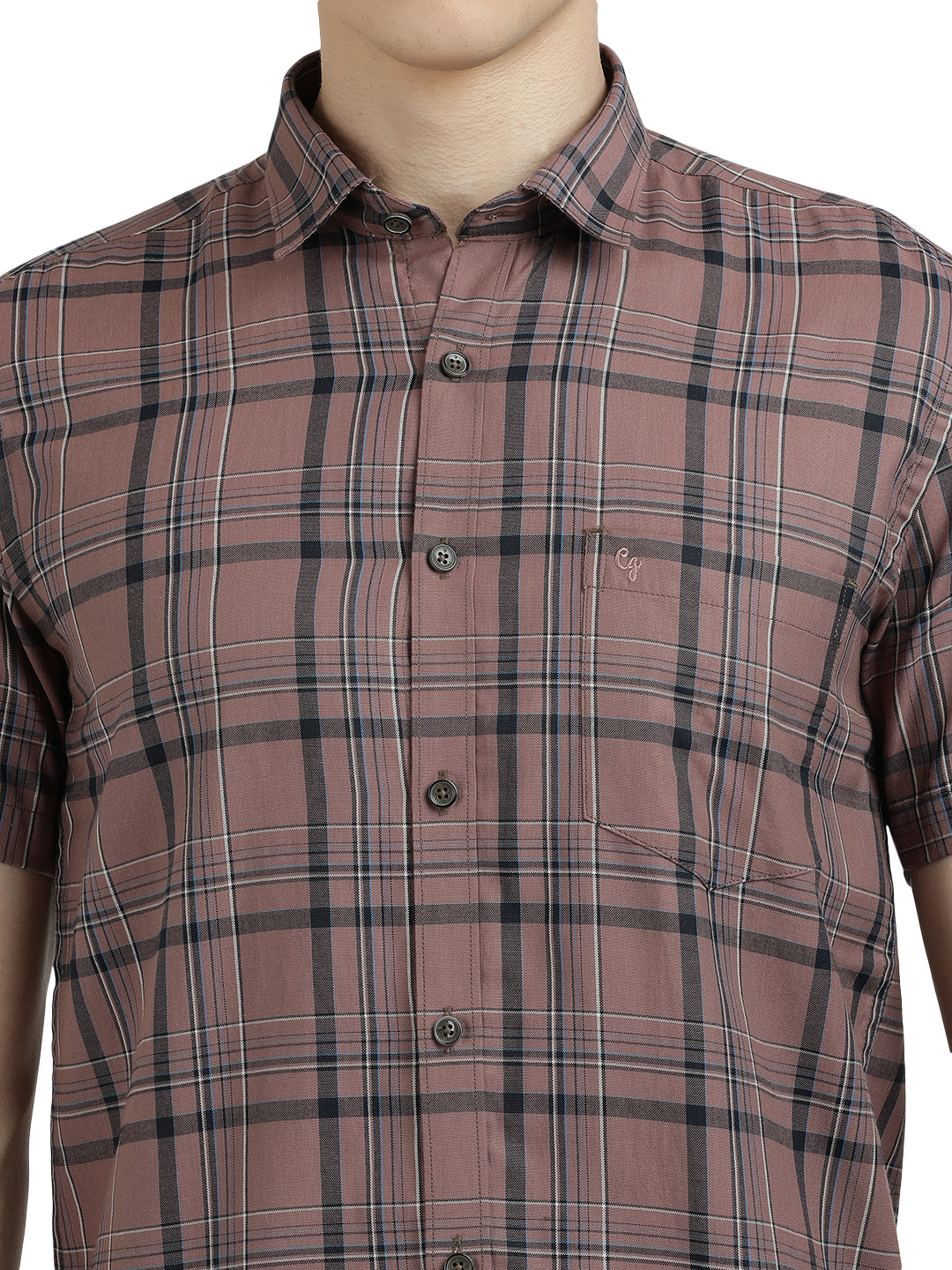 Model wearing Clarke Gable's Light Brown Checked Semi Casual Shirt in a casual setting