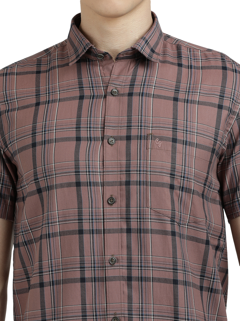 Model wearing Clarke Gable's Light Brown Checked Semi Casual Shirt in a casual setting