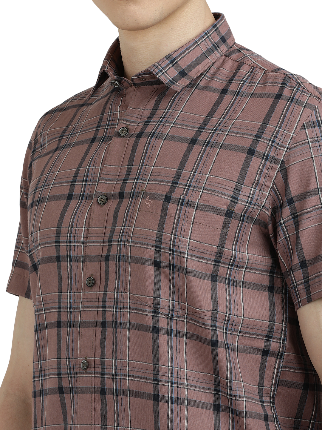 Model wearing Clarke Gable's Light Brown Checked Semi Casual Shirt in a casual setting