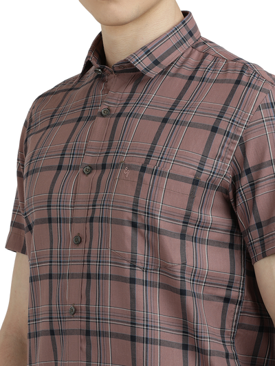 Model wearing Clarke Gable's Light Brown Checked Semi Casual Shirt in a casual setting
