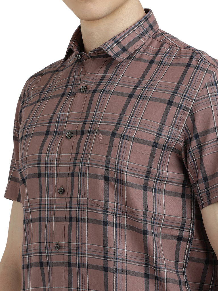 Model wearing Clarke Gable's Light Brown Checked Semi Casual Shirt in a casual setting