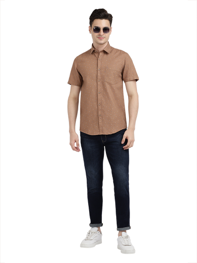 Model wearing Clarke Gable's Light Brown Printed Casual Shirt in a casual setting