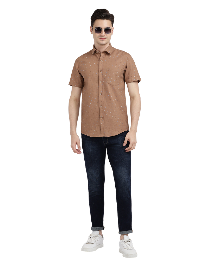 Model wearing Clarke Gable's Light Brown Printed Casual Shirt in a casual setting