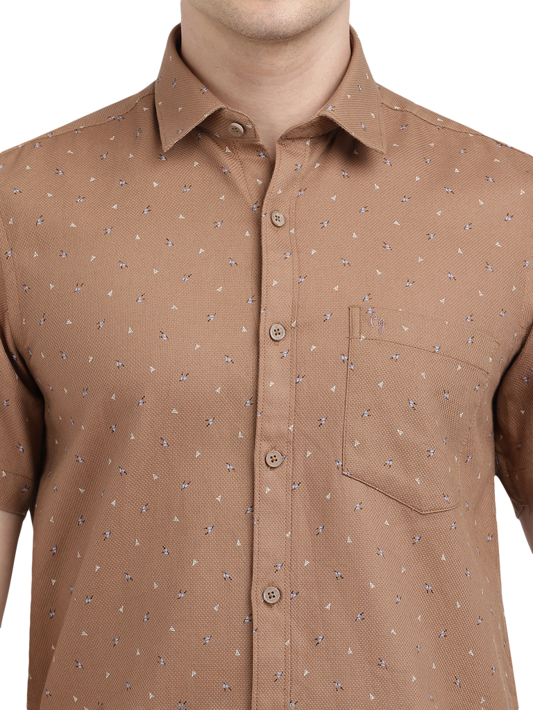 Model wearing Clarke Gable's Light Brown Printed Casual Shirt in a casual setting