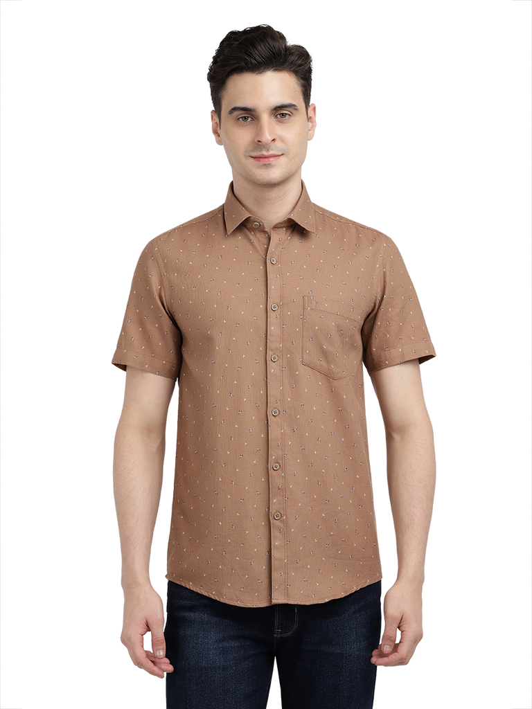 Model wearing Clarke Gable's Light Brown Printed Casual Shirt in a casual setting