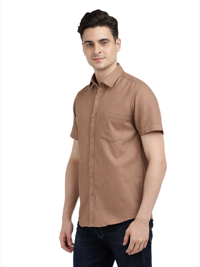 Model wearing Clarke Gable's Light Brown Printed Casual Shirt in a casual setting