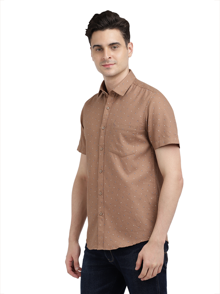 Model wearing Clarke Gable's Light Brown Printed Casual Shirt in a casual setting