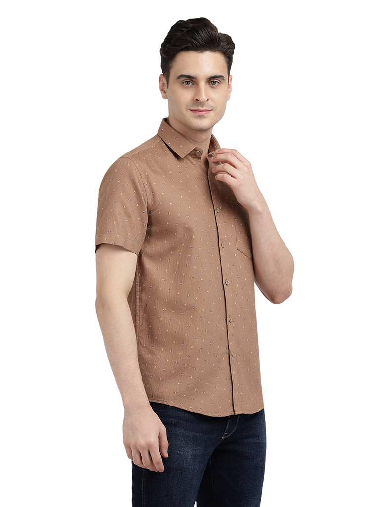 Model wearing Clarke Gable's Light Brown Printed Casual Shirt in a casual setting