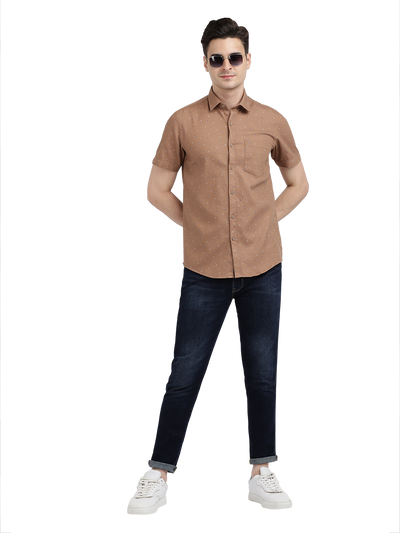 Model wearing Clarke Gable's Light Brown Printed Casual Shirt in a casual setting