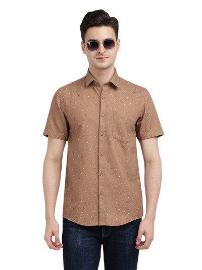 Model wearing Clarke Gable's Light Brown Printed Casual Shirt in a casual setting