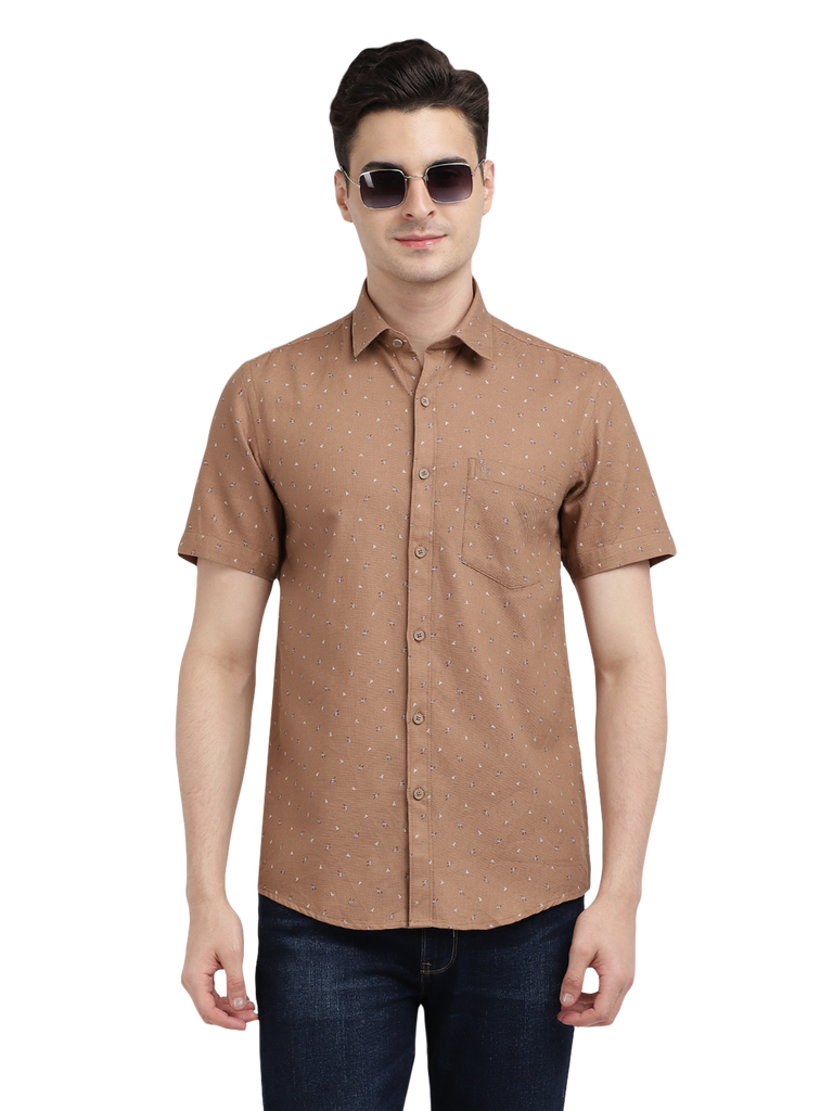 Model wearing Clarke Gable's Light Brown Printed Casual Shirt in a casual setting