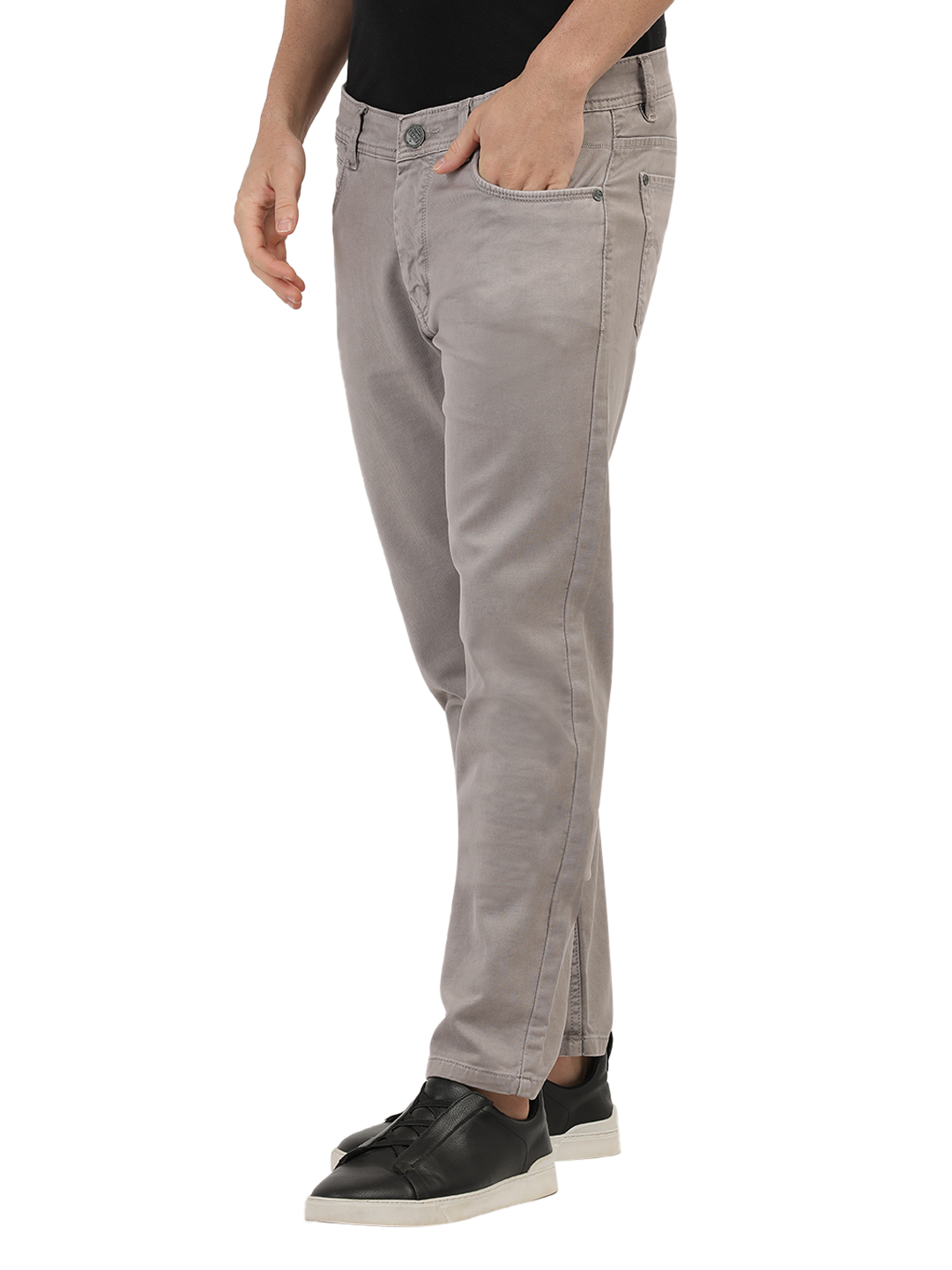 Model wearing Clarke Gable's Light Brown Tinted Skinny Fit Jeans in a casual setting