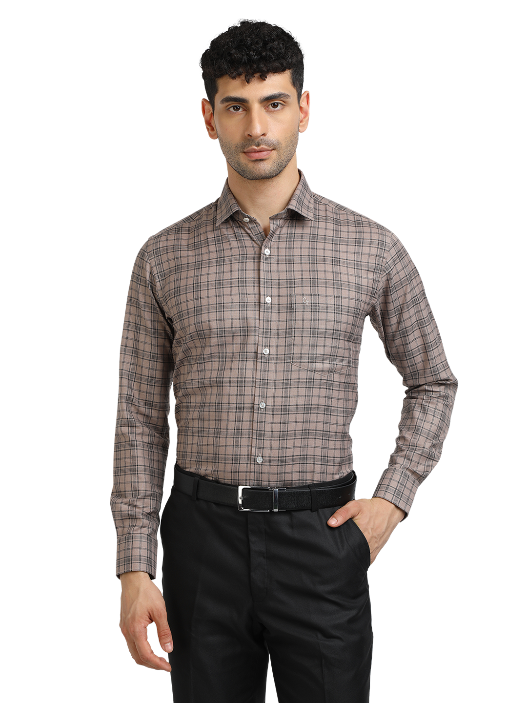 Model wearing Clarke Gable's Light Brown With Black Checked Formal Shirt in a casual setting
