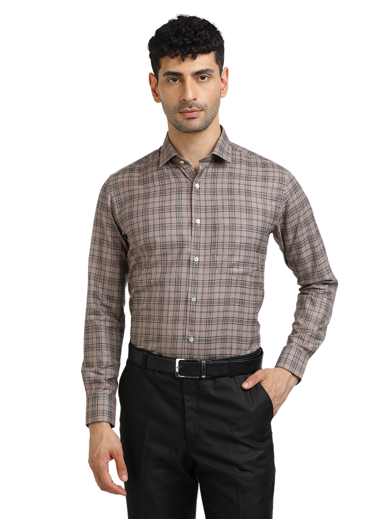 Model wearing Clarke Gable's Light Brown With Black Checked Formal Shirt in a casual setting