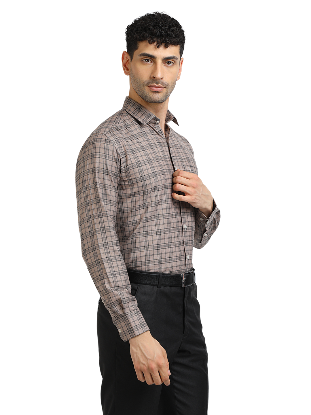 Model wearing Clarke Gable's Light Brown With Black Checked Formal Shirt in a casual setting