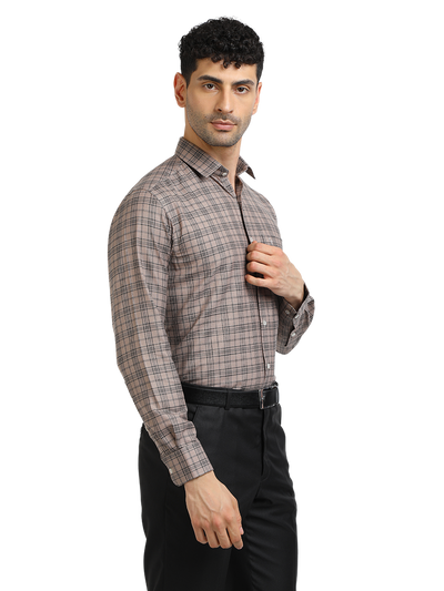 Model wearing Clarke Gable's Light Brown With Black Checked Formal Shirt in a casual setting
