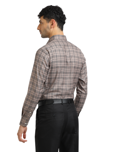 Model wearing Clarke Gable's Light Brown With Black Checked Formal Shirt in a casual setting