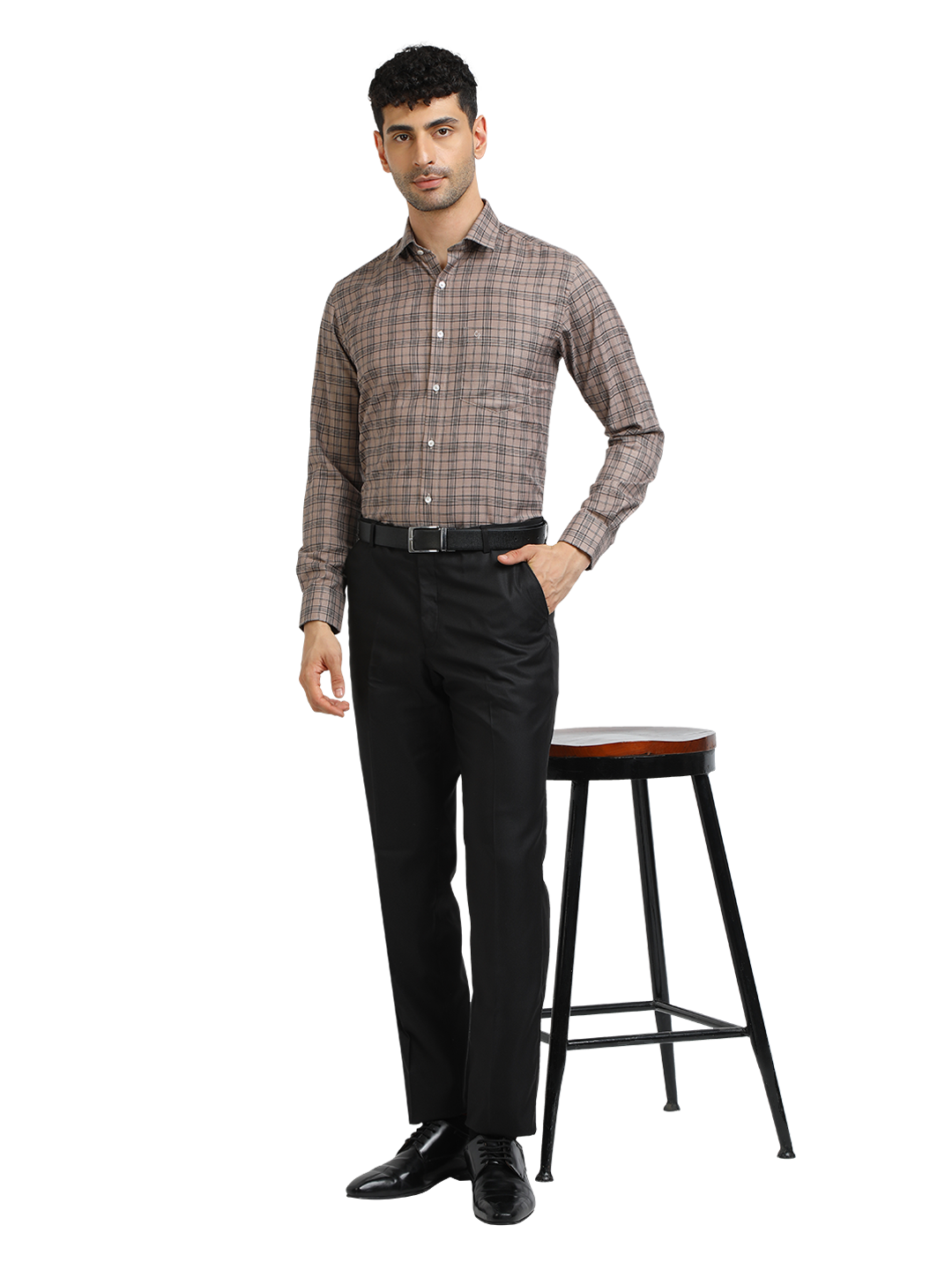 Model wearing Clarke Gable's Light Brown With Black Checked Formal Shirt in a casual setting