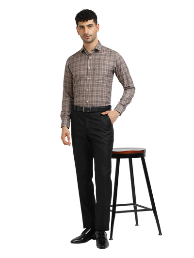 Model wearing Clarke Gable's Light Brown With Black Checked Formal Shirt in a casual setting