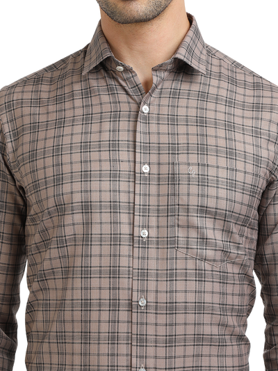 Model wearing Clarke Gable's Light Brown With Black Checked Formal Shirt in a casual setting