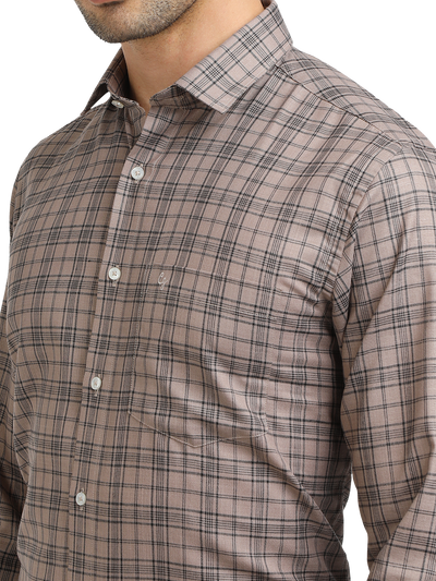 Model wearing Clarke Gable's Light Brown With Black Checked Formal Shirt in a casual setting