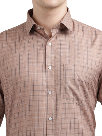 Model wearing Clarke Gable's Light Brown With White Checked Formal Shirt in a casual setting