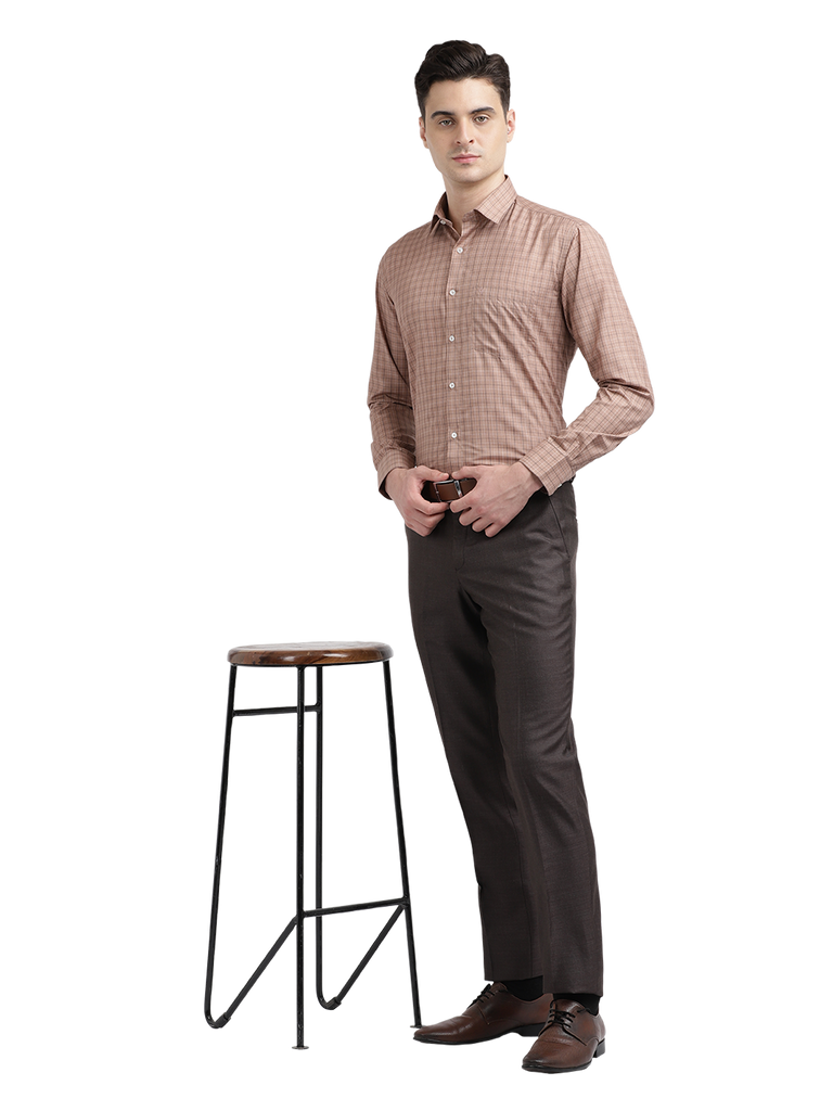 Model wearing Clarke Gable's Light Brown With White Checked Formal Shirt in a casual setting