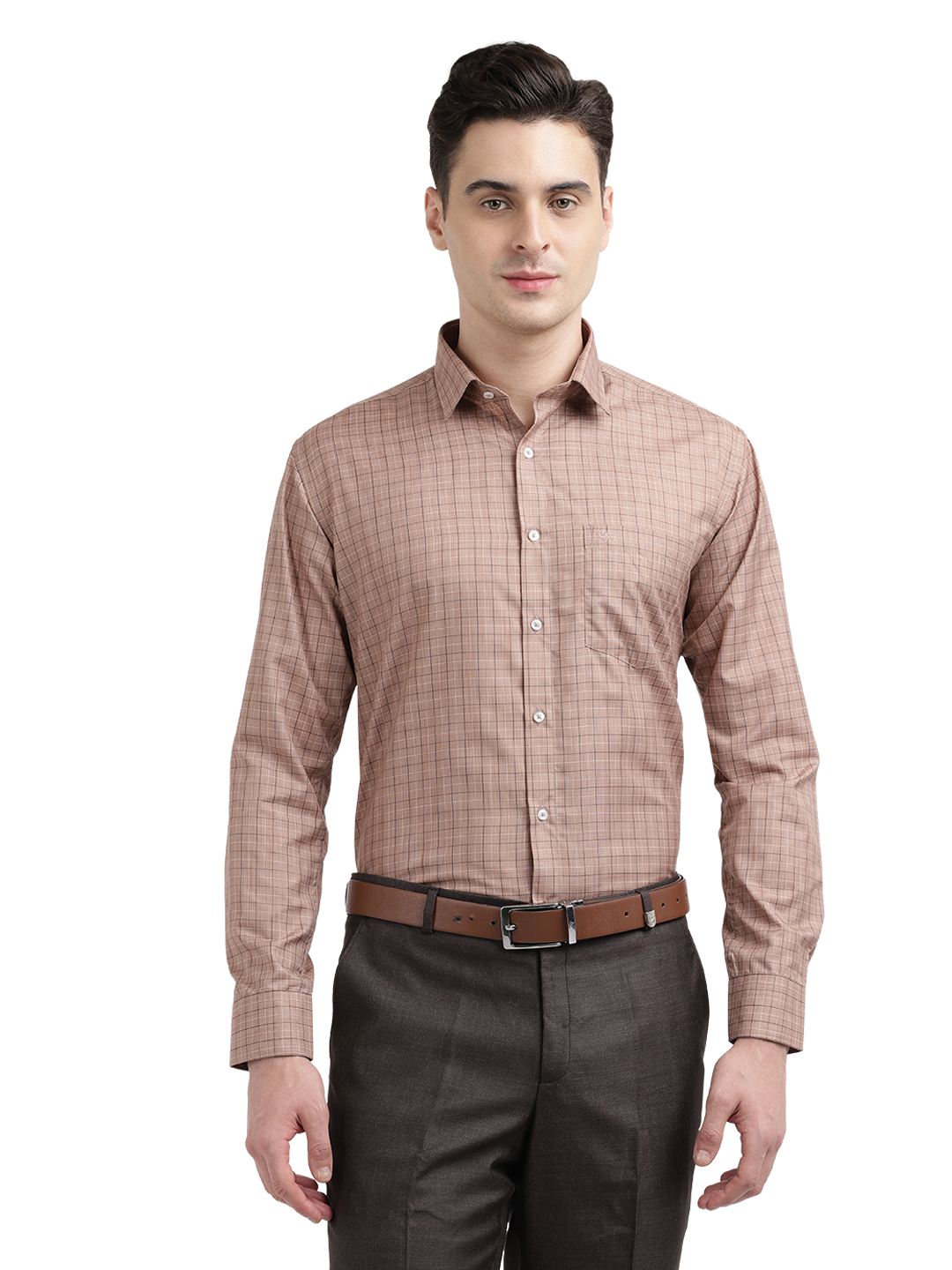 Model wearing Clarke Gable's Light Brown With White Checked Formal Shirt in a casual setting