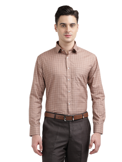 Model wearing Clarke Gable's Light Brown With White Checked Formal Shirt in a casual setting