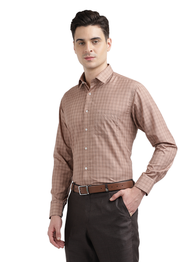 Model wearing Clarke Gable's Light Brown With White Checked Formal Shirt in a casual setting