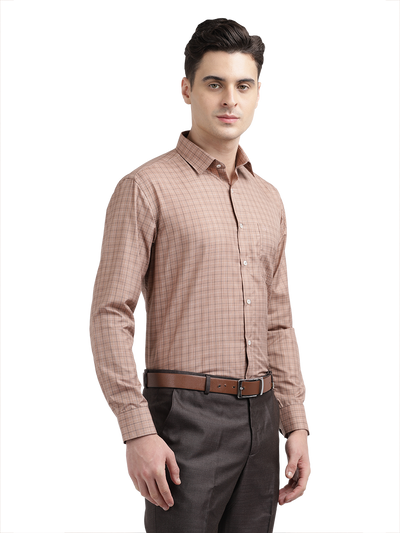 Model wearing Clarke Gable's Light Brown With White Checked Formal Shirt in a casual setting