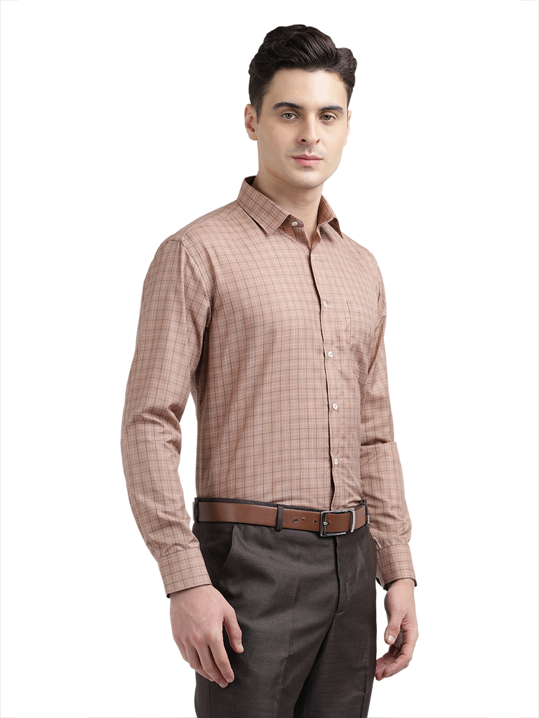 Model wearing Clarke Gable's Light Brown With White Checked Formal Shirt in a casual setting