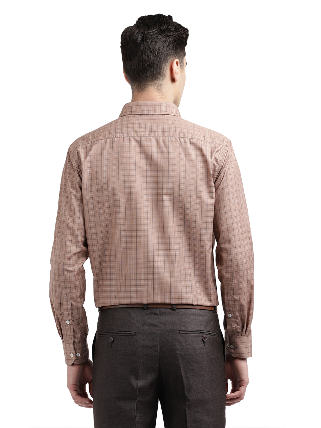 Model wearing Clarke Gable's Light Brown With White Checked Formal Shirt in a casual setting