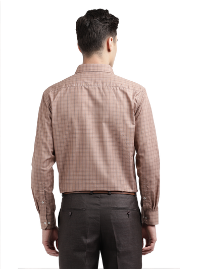 Model wearing Clarke Gable's Light Brown With White Checked Formal Shirt in a casual setting