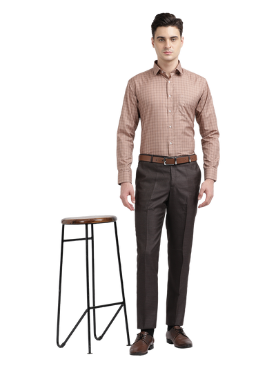 Model wearing Clarke Gable's Light Brown With White Checked Formal Shirt in a casual setting