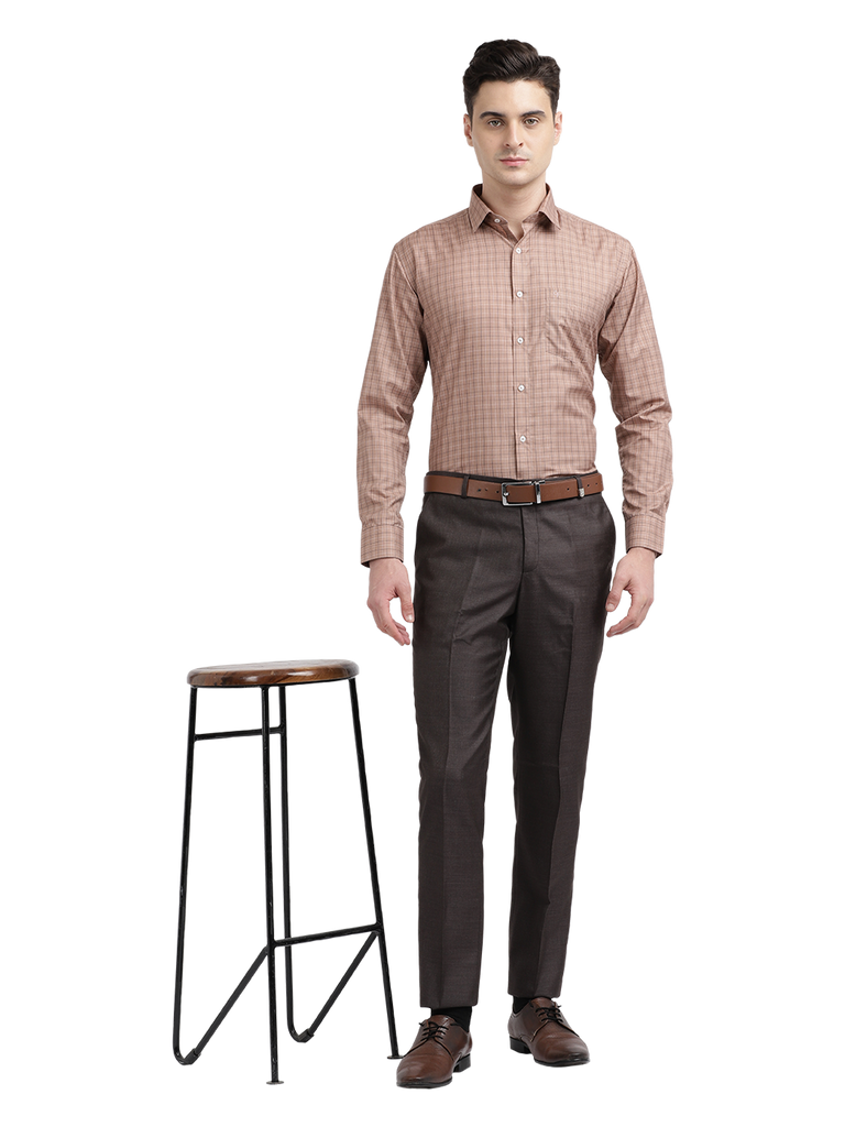 Model wearing Clarke Gable's Light Brown With White Checked Formal Shirt in a casual setting