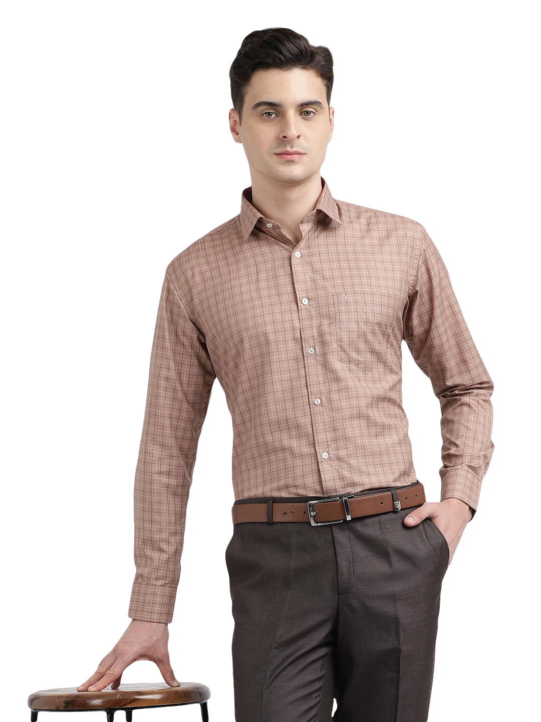 Model wearing Clarke Gable's Light Brown With White Checked Formal Shirt in a casual setting