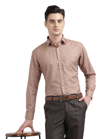 Model wearing Clarke Gable's Light Brown With White Checked Formal Shirt in a casual setting