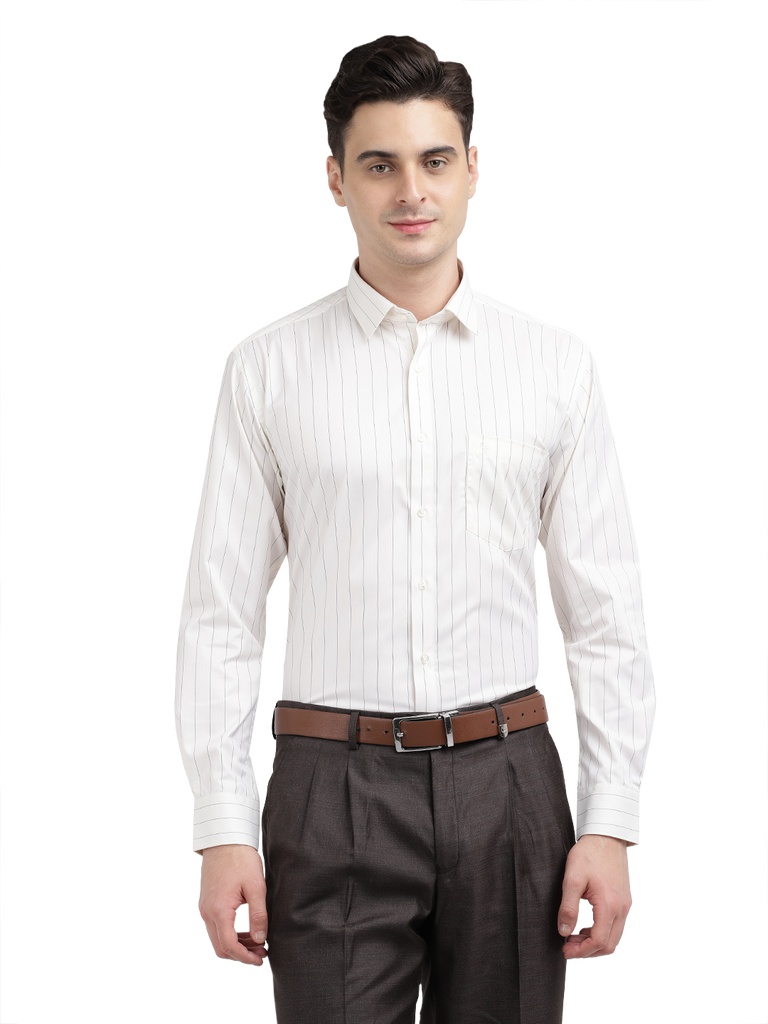 Model wearing Clarke Gable's Light Cream Striped Formal Shirt in a casual setting