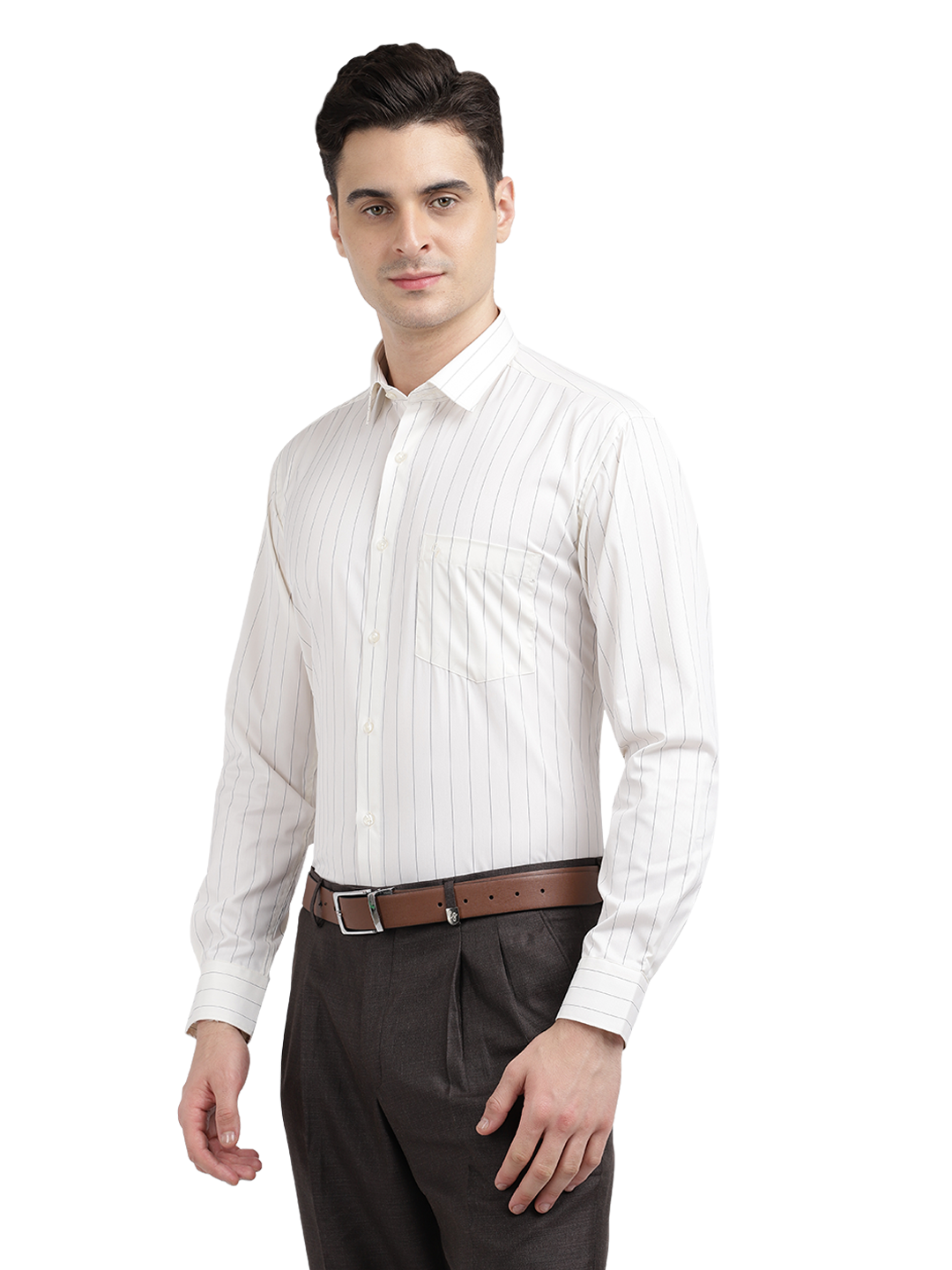 Model wearing Clarke Gable's Light Cream Striped Formal Shirt in a casual setting