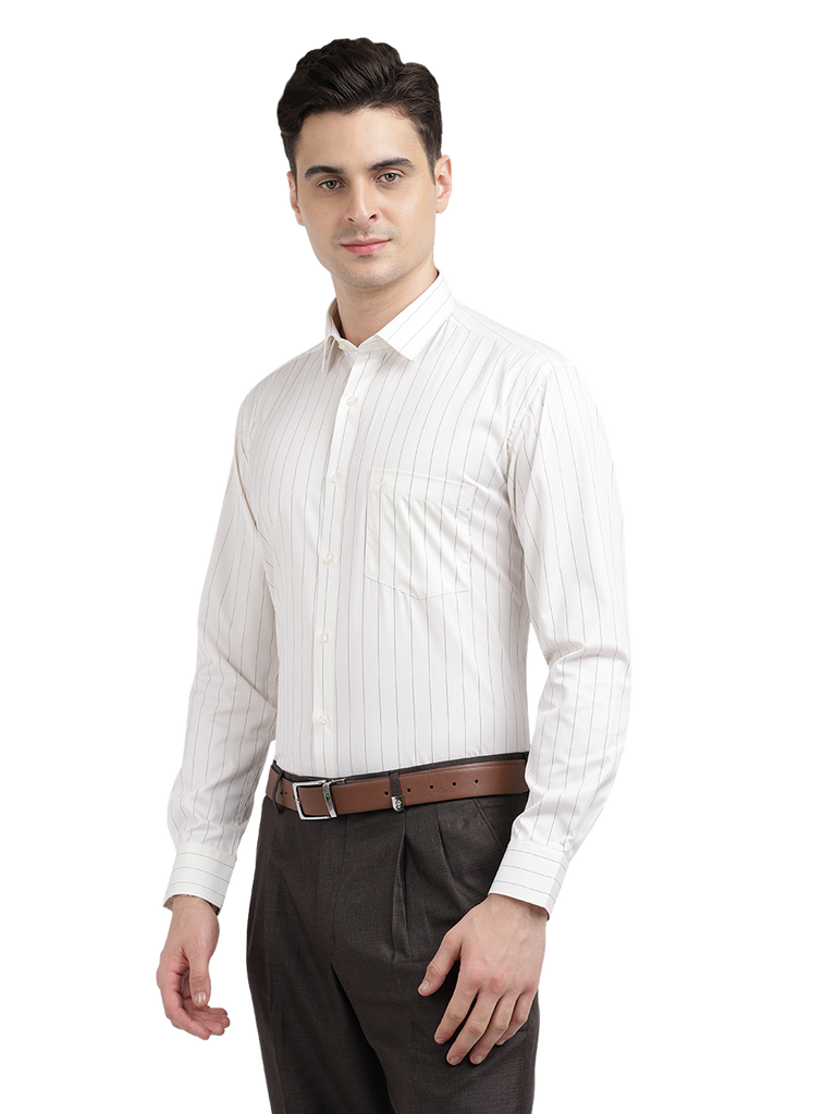 Model wearing Clarke Gable's Light Cream Striped Formal Shirt in a casual setting