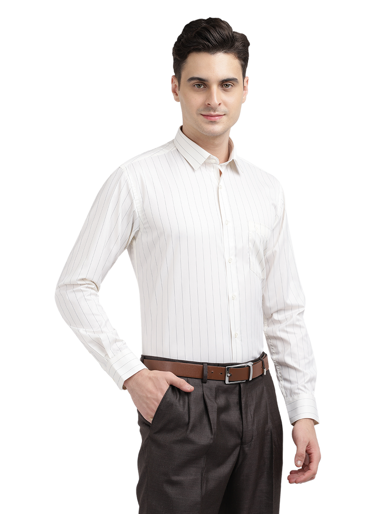 Model wearing Clarke Gable's Light Cream Striped Formal Shirt in a casual setting