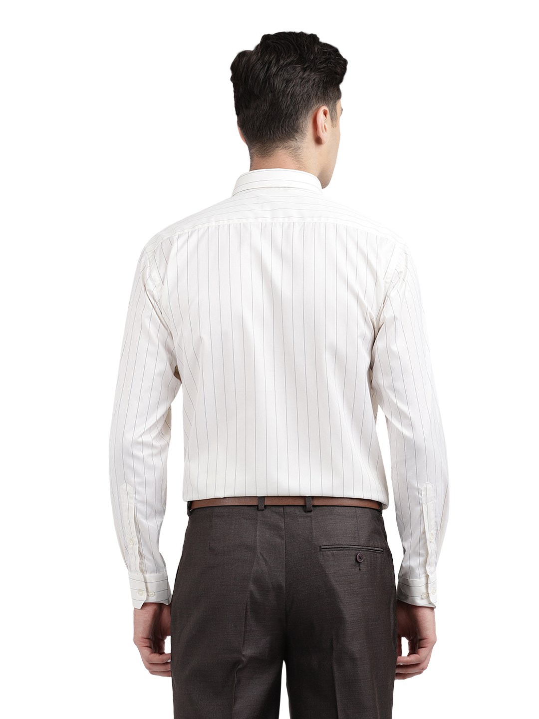 Model wearing Clarke Gable's Light Cream Striped Formal Shirt in a casual setting